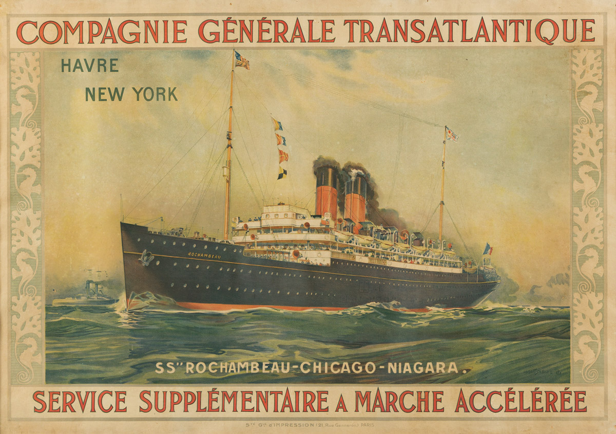 ALBERT SEBILLE (1874-1953).  SS ROCHAMBEAU / COMPAGNIE GÉNÉRALE TRANSATLANTIQUE. Circa 1911. 32½x46½ inches, 82½x118 cm. Ste. Gle. dI